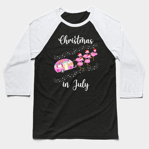 Funny Flamingo Pink Camping Car Christmas in July Baseball T-Shirt by mccloysitarh